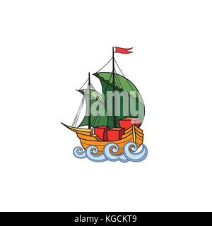 Sailing ship retro illustration. Ship transport cartoon. Marine sign Stock Vector