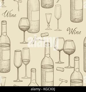 Drink wine seamless sketch pattern. Wine card restaurant background Stock Vector