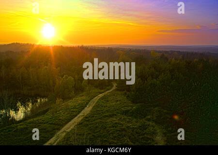 Yellow sunset over wide horizon with forest and dirty road. Typical autumn rural scene. Stock Photo