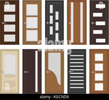 Interior doors set, flat style. Door with different types of glass. Isolated on white background. Vector illustration Stock Vector