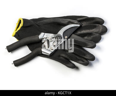 Pruner on garden gloves isolated on white background Stock Photo