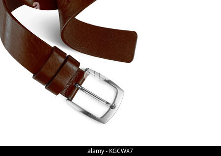 Brown men's leather belt isolated on white background. With clipping path. Stock Photo
