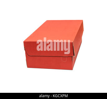 Empty Red Cardboard box with opened lid isolated on white background. Stock Photo