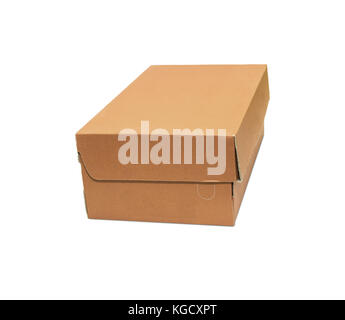 Empty brown Cardboard box with opened lid isolated on white background. Stock Photo