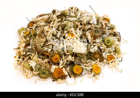 Dried chamomile flowers on a white background Stock Photo