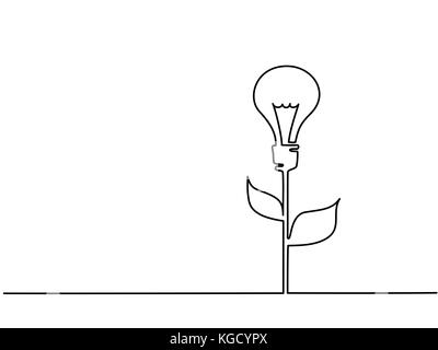 Continuous line drawing. Electic light bulb illuminated on stem of plant with leaves. Eco idea metaphor. Vector illustration Stock Vector