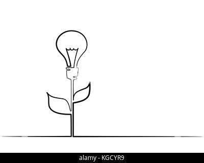 Continuous different width line drawing. Electic light bulb illuminated on stem of plant with leaves. Eco idea metaphor. Vector illustration Stock Vector