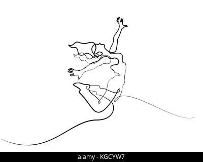 Continuous different width line drawing. Happy jumping woman. Vector illustration Stock Vector