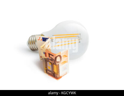 LED filament light bulb with Euro money on a white background. Concept. Stock Photo