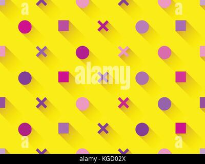 Seamless pattern with geometric shapes, square, circle with shadow on a yellow background. Purple, burgundy and pink. Vector illustration Stock Vector