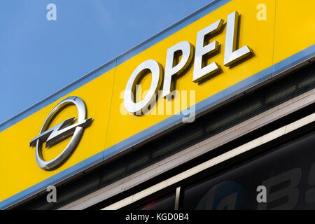 PRAGUE, CZECH REPUBLIC - NOVEMBER 5: Opel car company logo on dealership building on November 5, 2017 in Prague. PSA Group plans to cut the number of  Stock Photo