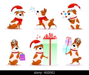 Christmas funny cartoon dog emoticons set. Xmas flat puppy emoji collection. Happy terrier wearing deer horns and Santa hat isolated on white background. Christmas or New Year 2018 vector illustration Stock Vector