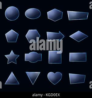 Blue glass plates set. Triangle square rectangle hexagon, pentagon, star, heart, circle textured frames with glow and light on deep blue background. Technology shapes. Realistic vector illustration. Stock Vector
