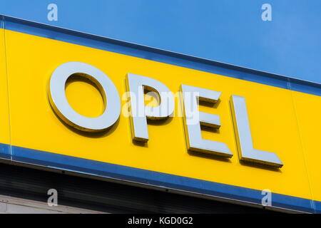 PRAGUE, CZECH REPUBLIC - NOVEMBER 5: Opel car company logo on dealership building on November 5, 2017 in Prague. PSA Group plans to cut the number of  Stock Photo