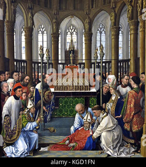 The Exhumation of Saint Hubert 1430,  Rogier van der Weyden  ( Roger de la Pasture ) 1399 – 1464 was an Early Netherlandish painter whose surviving works consist mainly of religious triptychs, Dutch Netherlands. Stock Photo