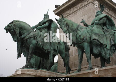 Heroes Square in Budapest, details of statues and monuments in the square Stock Photo