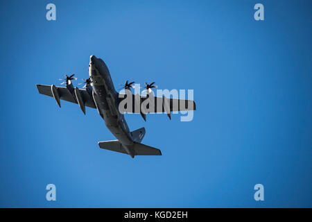 An HC-130J Combat King II soars through the skies, during a Mission Readiness Exercise, October 20, 2017, at Moody Air Force Base, Ga. The 820th BDG t Stock Photo