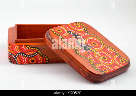 uniquely designed wooden jewelry box opened Stock Photo