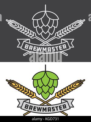 Brewmaster Craft Beer Vector Design icon or logo graphic. Shows hops over crossed barley or wheat with brewmaster banner. Color or black and white. Stock Vector