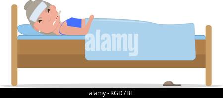 Vector cartoon ill old woman in bed with influenza Stock Vector