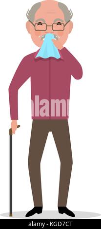 Vector cartoon old man caught cold, sneezing, ill Stock Vector