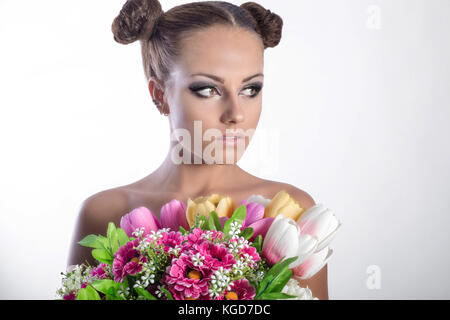 beauty woman with spring flowers studio Stock Photo