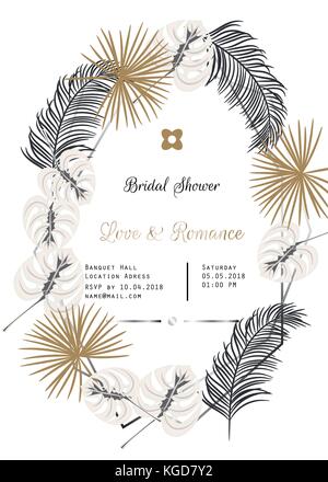 Bridal shower tropic leaves vector template design. Stock Vector