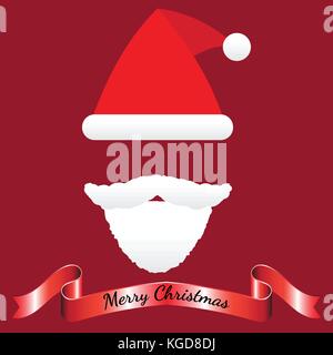 Vector Illustration Of Merry Christmas, Isolated Red Hat, White Mustache And Beard Of Santa Claus  Including Shinning Red Ribbon On Red Background Stock Vector