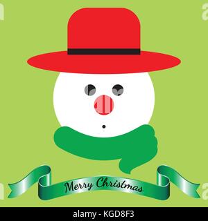 Vector Illustration Of Merry Christmas, Isolated Snowman Face Wearing Hat And Scarf Cute Expression With Shinning Green Ribbon On Green Background Stock Vector