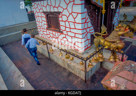 POKHARA, NEPAL - SEPTEMBER 04, 2017: Above view of unidentified people walking around of Tal Barahi Temple, located at the center of Phewa Lake, is the most important religious monument of Pokhara Stock Photo