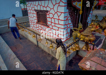 POKHARA, NEPAL - SEPTEMBER 04, 2017: Above view of unidentified people walking around of Tal Barahi Temple, located at the center of Phewa Lake, is the most important religious monument of Pokhara Stock Photo