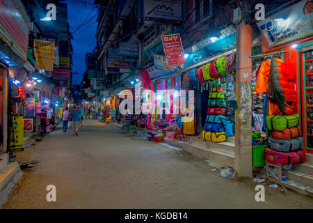 THAMEL, KATHMANDU NEPAL - OCTOBER 02, 2017: Night view of streets of Thamel. Thamel is a commercial neighbourhood in Kathmandu, the capital of Nepal. One of the popular tourist attraction in Kathmandu Stock Photo