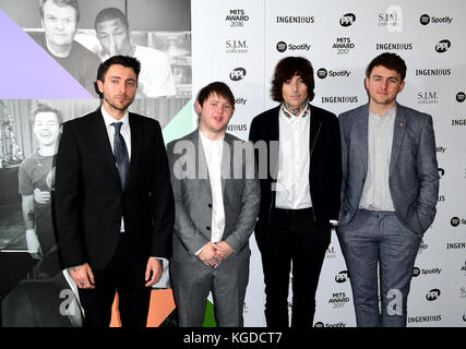 Oli Sykes (second right), Lee Malia (second left), Matt Nicholls (right) and Jordan Fish (left) of Bring Me The Horizon attending the Music Industry Trusts Award in aid of charities Nordoff Robbins and Brit Trust at the Grosvenor House Hotel, London. Stock Photo