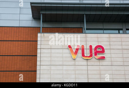 Close up close up view of the Vue cinema sign on the Ocean terminal shopping mall building in Leith, Edinburgh, Scotland UK Stock Photo