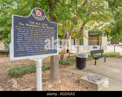 The Bus Stop historical marker at the bus stop location where Rosa Parks made history in 1955, Montgomery Alabama, USA. Stock Photo