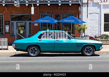 A classic Holden GTS model sedan parked outside the Avoca Hotel.Gold was discovered in Avoca in 1852 and these days goldfields town has become a thriv Stock Photo