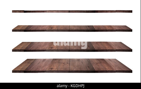 collection of wooden shelves on an isolated white background, Stock Photo