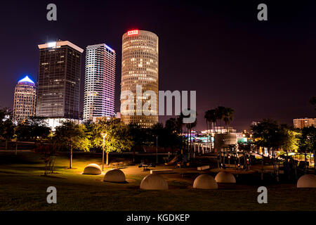 Downtown Tampa night skyline with playground in the foreground. Stock Photo