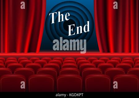 Scene cinema the end background. Realistic cinema hall interior with red seats. Vector illustration Stock Vector