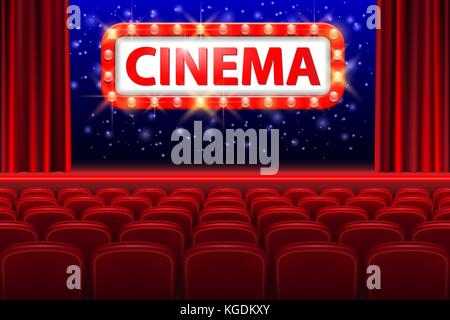 Realistic cinema hall interior with red seats. Retro style cinema sign with spot light frame. Movie premiere poster design. Vector illustration. Stock Vector