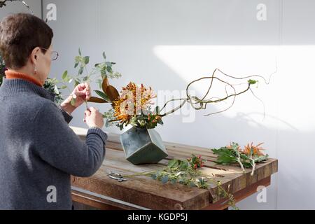 A woman creating an Ikebana flower arrangement at Como Conservatory in St. Paul, Minnesota, USA. Stock Photo