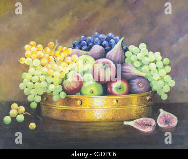 Original oil painting on canvas - Still life with fruit in copper pan on dark brown background. Red apples, green and blue grapes and figs. Stock Photo