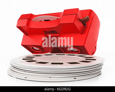 Red vintage 3D slide viewer isolated on white background. 3D illustration. Stock Photo