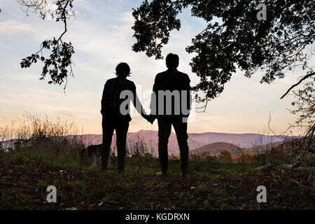 Couple with dog on a walk in forest in the evening. Stock Photo