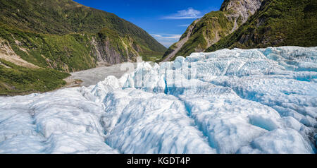 Panoramic view of the lower part of Fox Glacier at New Zealand's South Island a major tourist attraction and one of the most accessible glaciers in th Stock Photo
