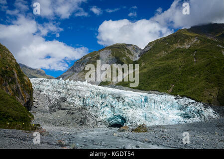 Lower part of Fox Glacier with lateral and terminal glacial moraines at New Zealand's South Island Stock Photo