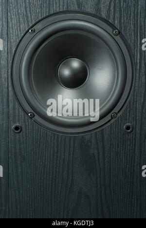 dynamic speaker in the black wooden panel of loudspeaker closeup Stock Photo