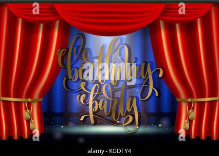 birthday party hand gold lettering poster on stage with red curt Stock Vector