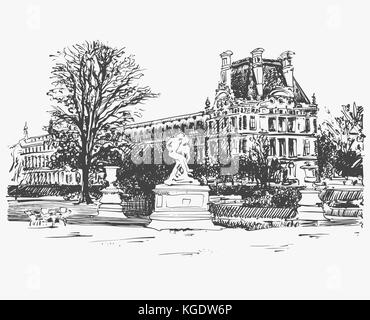 sketch drawing of the Louvre, famous place from Paris, France Stock Vector