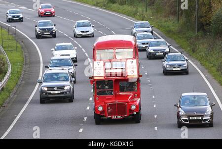 The 1000th Routemaster London double decker bus travels down the A23 near Pyecombe. Stock Photo